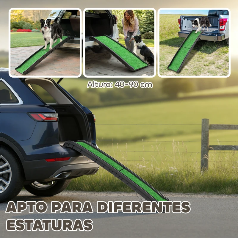 PawHut Rampa para Perros con Césped Artificial 155 cm Rampa para Perros para Coche Plegable con Asa Ángulo Ajustable Verde