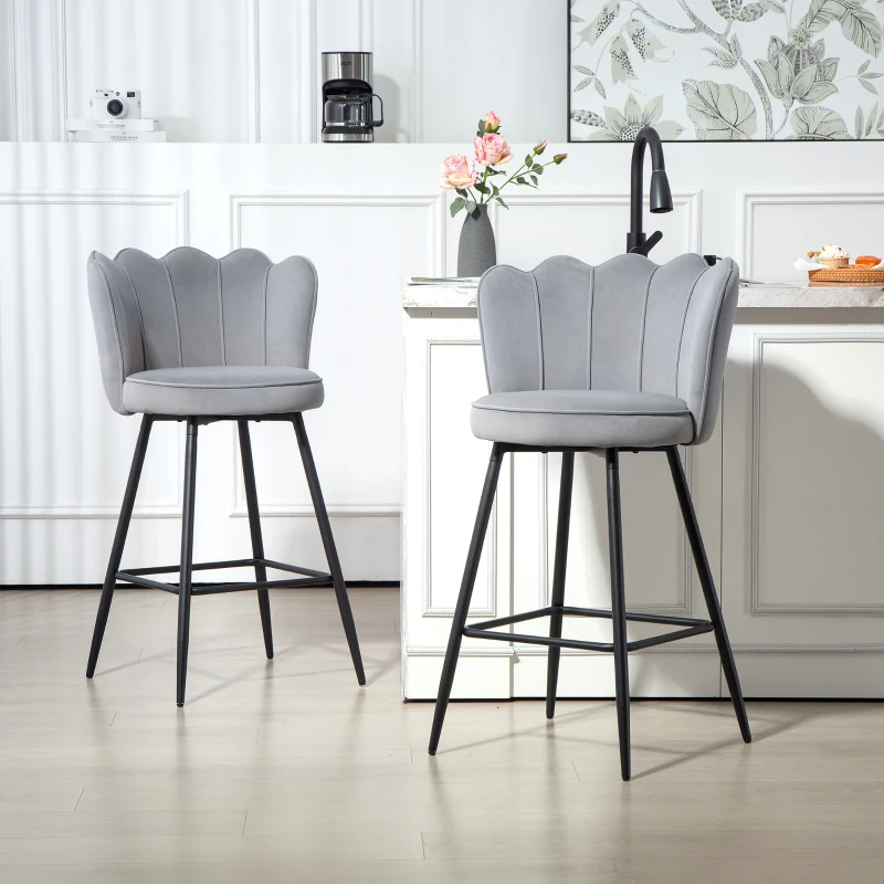 HOMCOM Set of Two Velvet-Feel Lotus Bar Stools - Grey