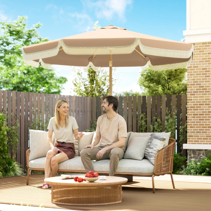 Outsunny Parasol de jardin extérieur 266 cm, parasol inclinable, franges, manivelle, 8 baleines, toile polyester 180 g/m², kaki