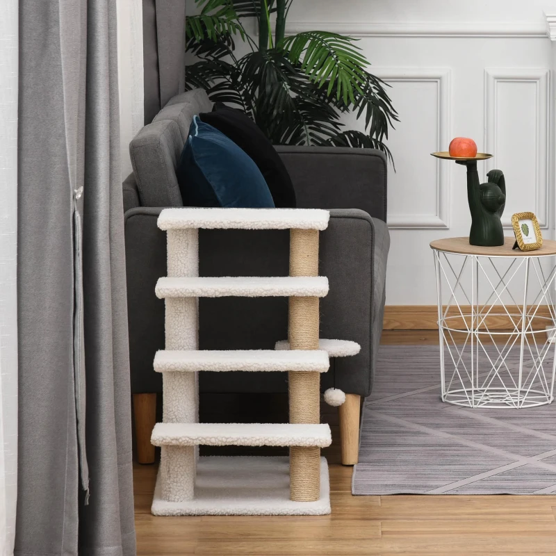 PawHut Escalera para Gatos de 4 Niveles Cubierto de Suave Felpa Poste de Yute Bola Colgante 60x40x64 cm Blanco