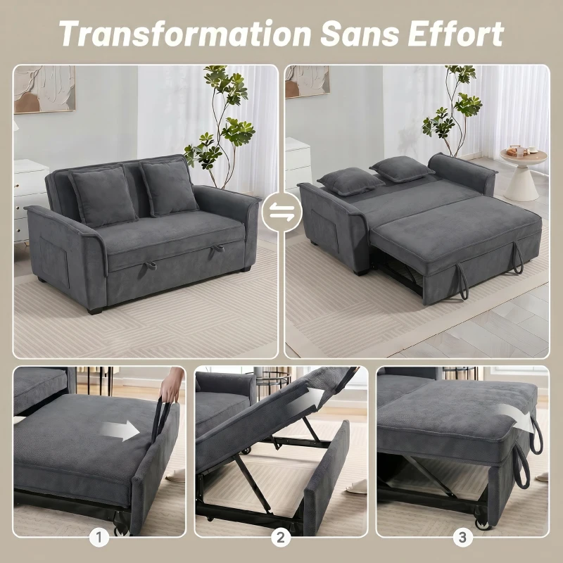 HOMCOM Canapé convertible 2 places, canapé-lit clic-clac en chenille, dossier réglable, 2 coussins, poche latérale, gris