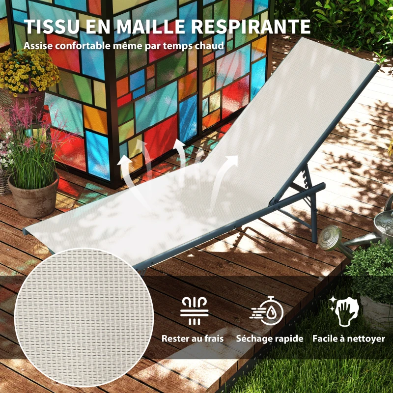 Outsunny Lot de 2 bain de soleil chaise longue pliante textilène transat jardin extérieur inclinable 54 x 164 x 84 cm crème