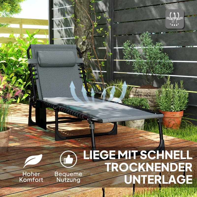 Outsunny Ligstoel, Zonneligstoel met Polstering en Zijtas, Tuinligstoel, Zwembad-Liege, Gepolsterde Ligbed, Grijs