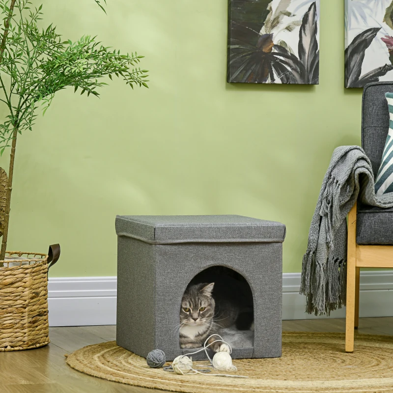 PawHut Niche maison pour chat cube pliable avec plateau griffoir coussin moelleux tissu aspect lin 36,5 x 36,5 x 36,5 cm gris