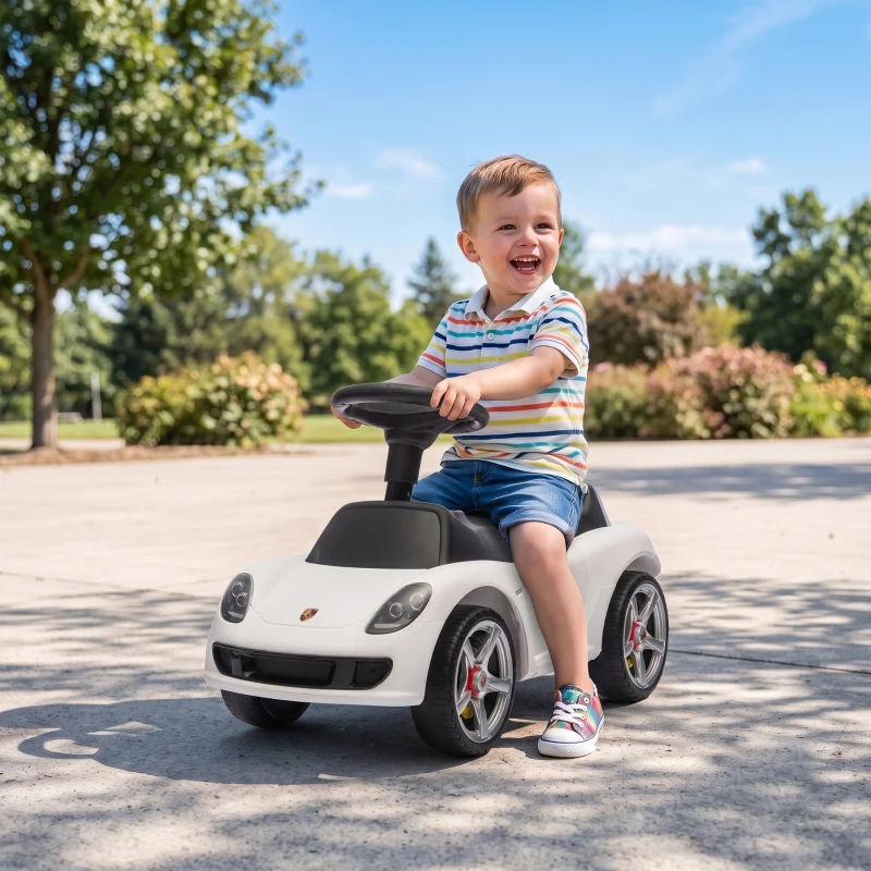 AIYAPLAY Voiture porteur pour enfant Porsche sous licence, véhicule à pousser avec klaxon lumières et bruitage de démarrage, blanc