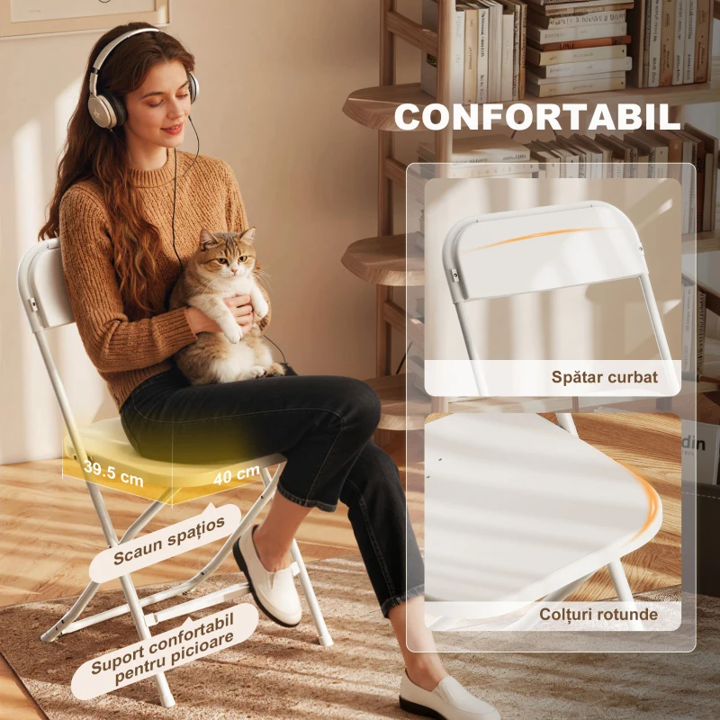 HOMCOM Set de 6 Scaune Pliabile din PP cu Orificii de Drenaj, Scaune Economice Portabile din Oțel, Scaun Pliabil pentru Interior, Casă, Birou, Bucătărie, Evenimente, 45x49x79,5 cm, Alb