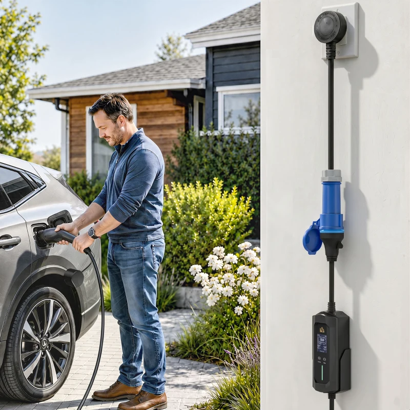 HOMCOM EV Charger 7kW Type 2 to CEE 32A Plug with UK Adapter, 10 m, 6-32A, Electric Car Charger w/ 1-12 h Time Delay