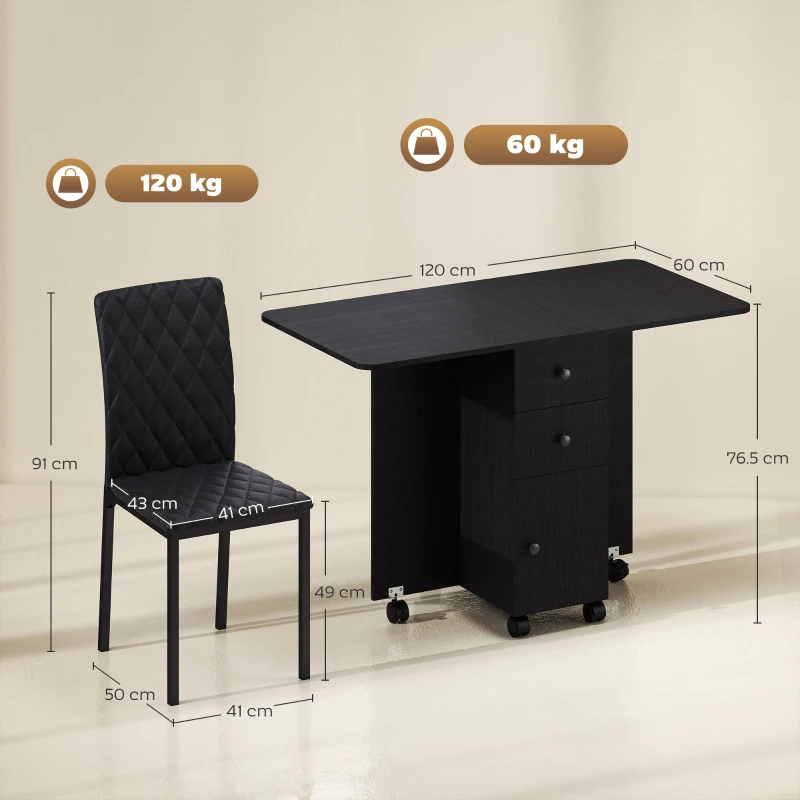 HOMCOM Dining Table Set, Folding Drop Leaf Table with Storage and 4 Chairs, Black
