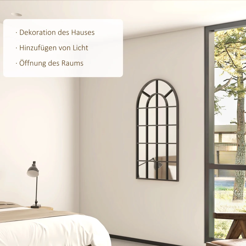 HOMCOM Decoratieve spiegel, grote spiegel, vensterlook, boogvormig, inclusief ophanging. Zwart + spiegelglas(m-4)