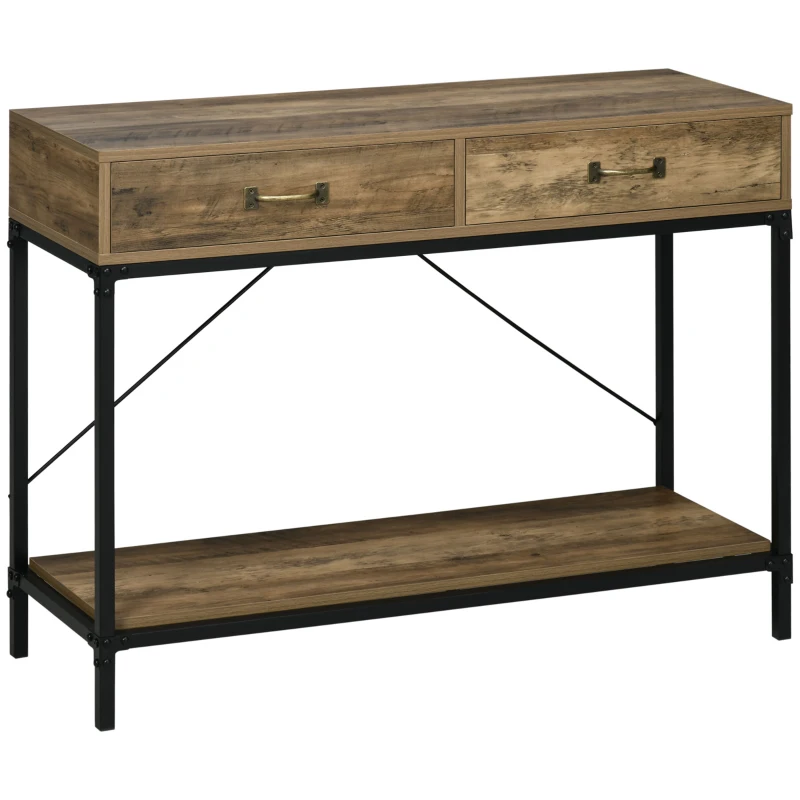HOMCOM consoletafel entreetafel bijzettafel 2 laden onderblad vintage metaal spaanplaat bruin + zwart 100 x 35 x 76.5 cm