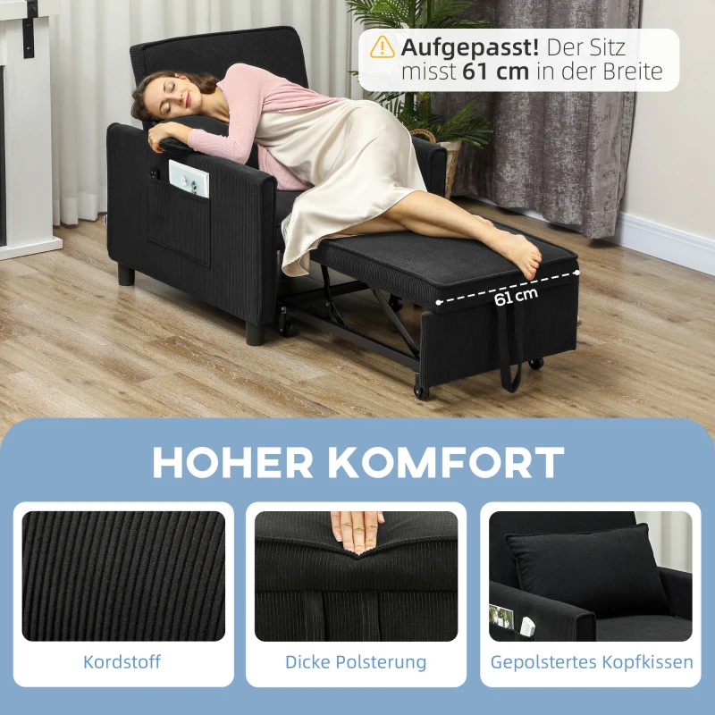 HOMCOM Slaapfauteuil, 3 standen verstelbare, Corduroy bekleding, tot 120 kg, Zwart(m-6)