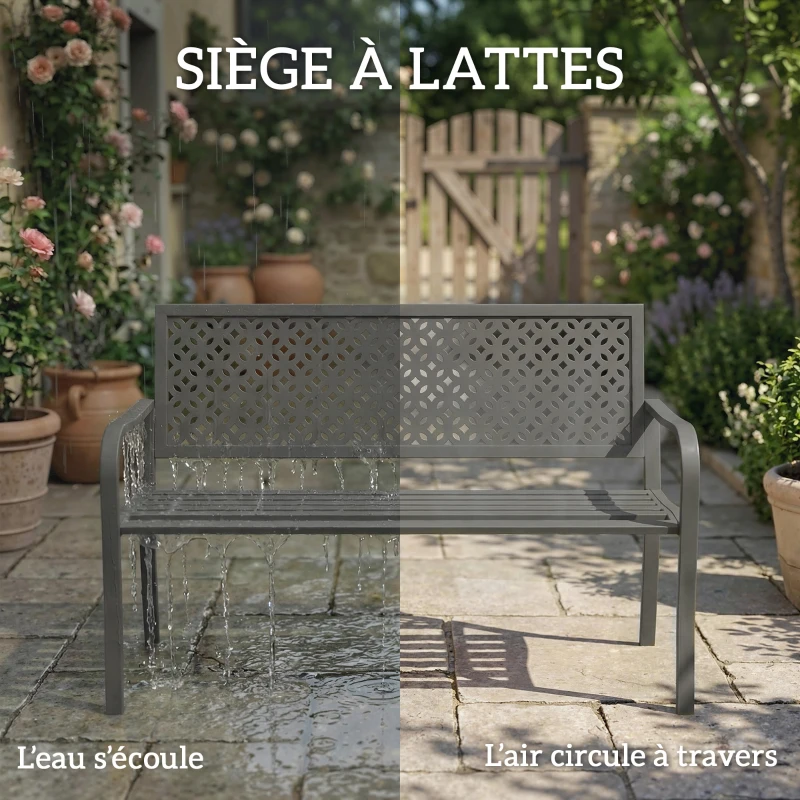 Outsunny Banc d'extérieur en métal, 2 places, avec dossier géométrique antirouille et accoudoirs, gris foncé