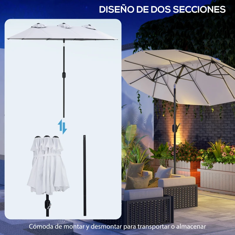 Outsunny Sombrilla Doble de Jardín 295x152x222 cm con Inclinación de 45° y Manivela Manual para Terraza Balcón Piscina Crema
