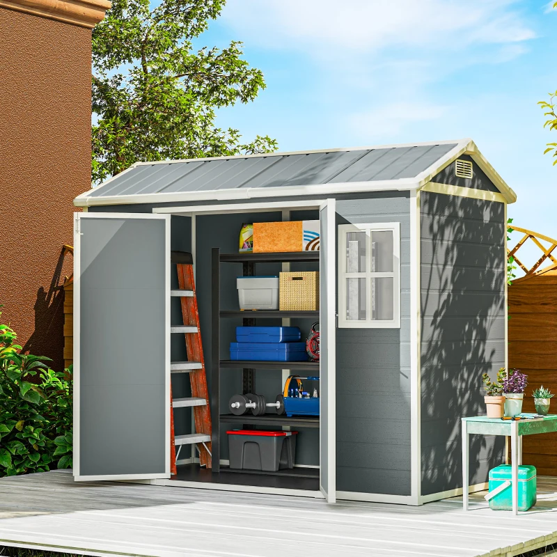 Outsunny 8 x 4 ft Plastic Garden Shed, Wood-Effect Outdoor Storage Shed with Floor, Windows, Lockable Doors and Vents, Light Grey
