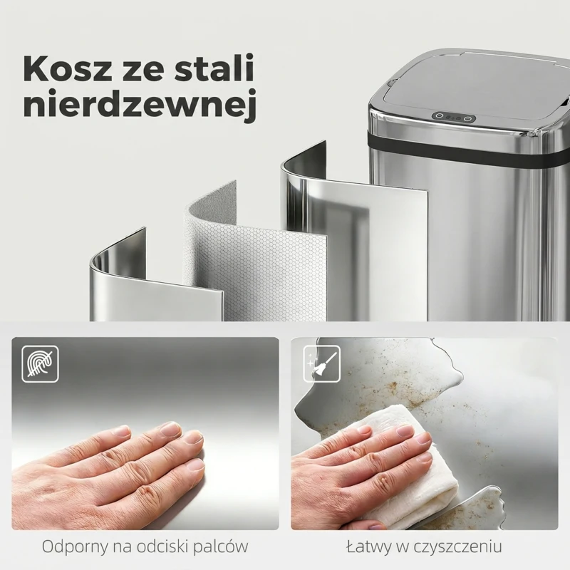 HOMCOM Kosz na śmieci z czujnikiem 50 L automatyczny kosz z czujnikiem ruchu, wodoodporny kosz na śmieci do biura, sypialni i kuchni, stal nierdzewna, kolor srebrny