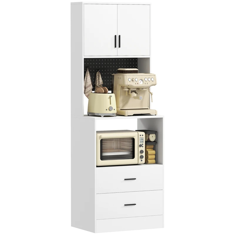 HOMCOM Dulap pentru Microunde cu Dulap, Blat de Lucru, Mobilă de Bucătărie cu 2 Sertare, Panou Metalic, 4 Cârlige, Raft Reglabil pentru Bucătărie, Sală de Masă, Living, Alb