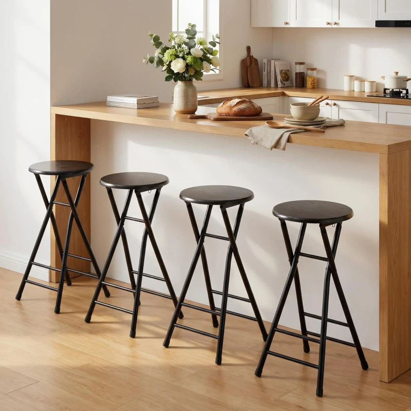HOMCOM Set 4 Sgabelli Bar Pieghevoli con Doppio Poggiapiedi, in Legno e Acciaio, 34x30x70 cm, Nero