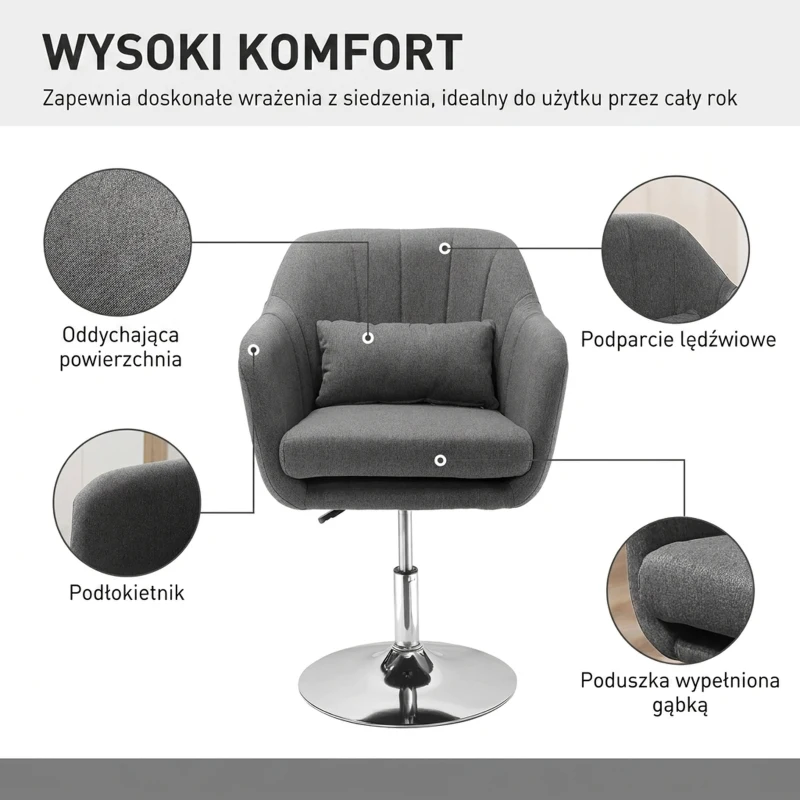 HOMCOM Krzesło biurowe krzesło obrotowe fotel obrotowy z regulacją wysokości tkanina kolor ciemnoszary