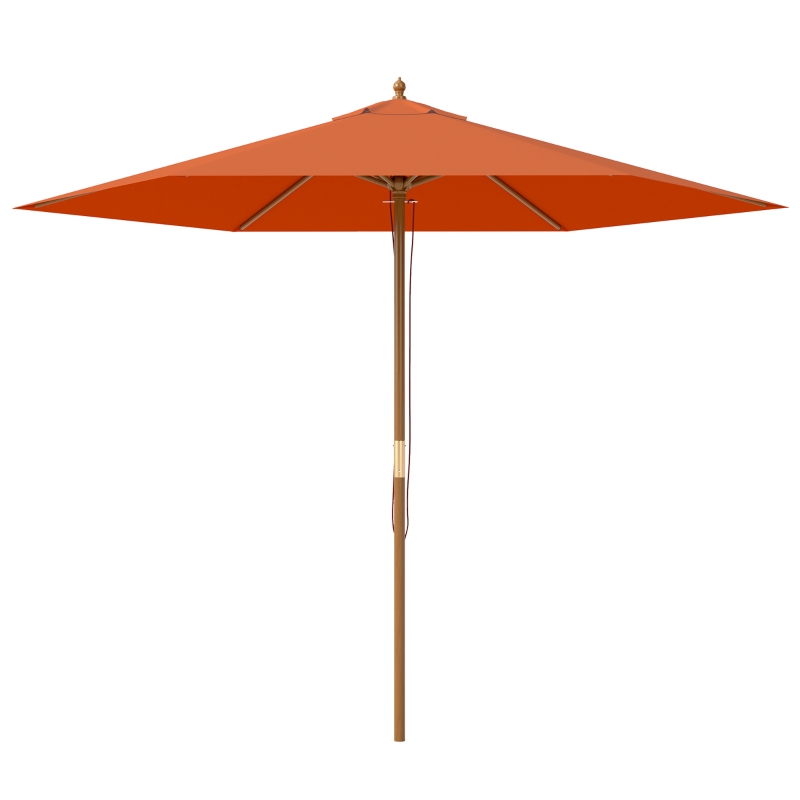 Outsunny 2.5m Wood Garden Parasol Sun Shade Patio Outdoor Wooden Umbrella Canopy, Table Market Umbrella with Vent, 38mm Pole, Rope Pulley Mechanism, Orange