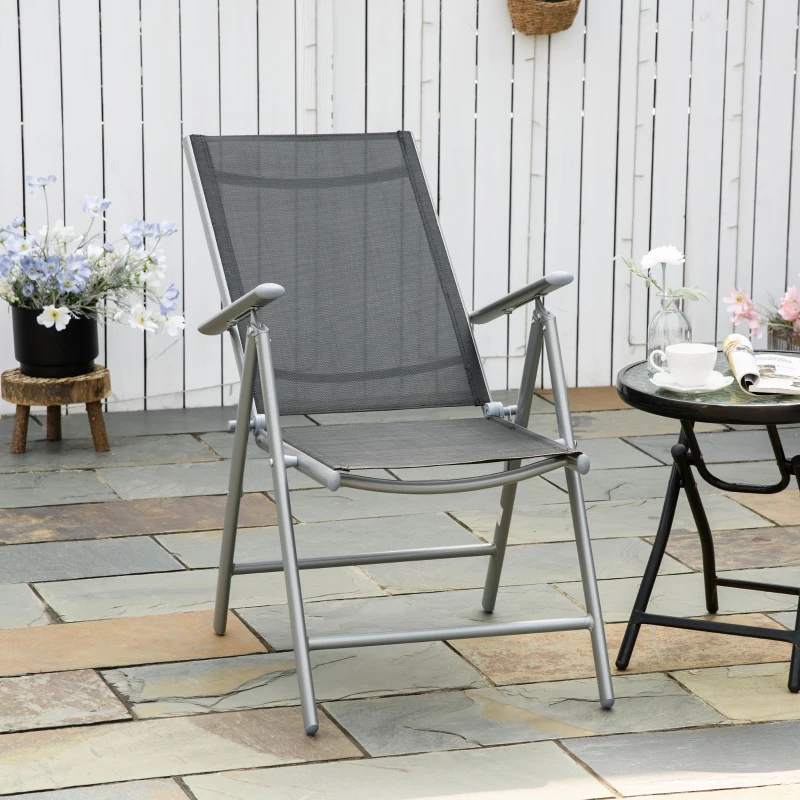 Outsunny Sedia da Giardino Pieghevole in Alluminio e Texteline Schienale Regolabile a 7 Livelli, Nero 65x55x85-105cm