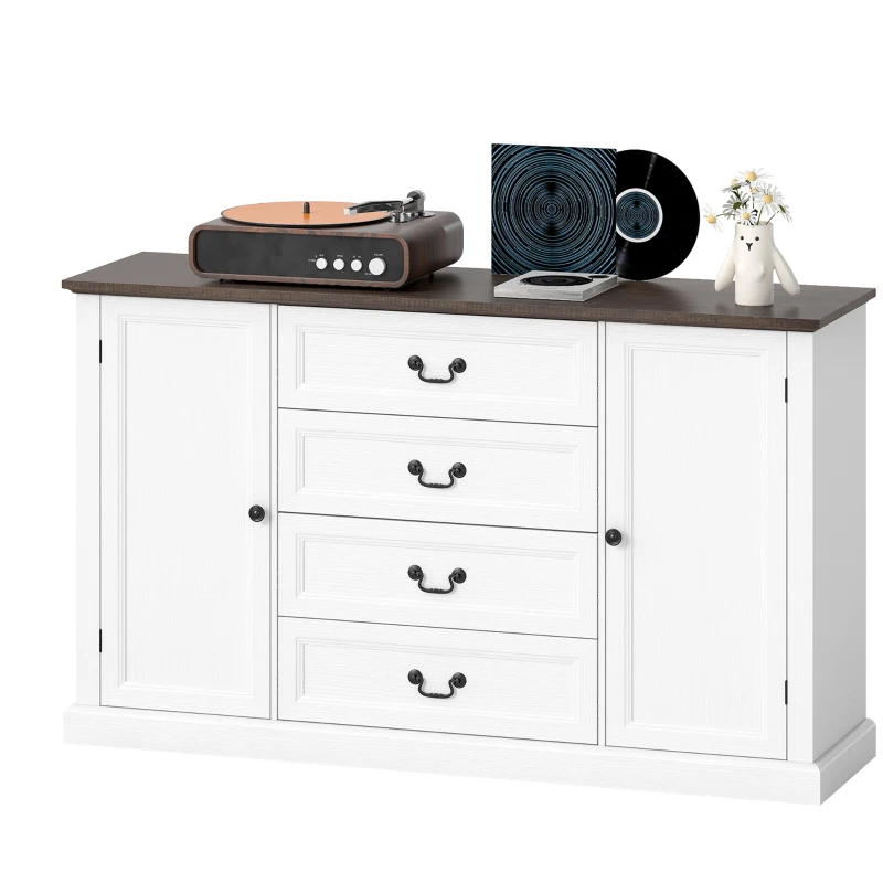 HOMCOM Credenza da Cucina Stile Vintage con 4 Cassetti e 2 Armadietti con Mensole Regolabili, 147x40x87, Legno Bianco