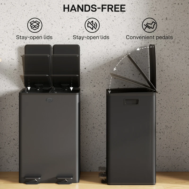 HOMCOM 56L Dual Compartment Stainless Steel Bin, with Deodoriser Holders - Black