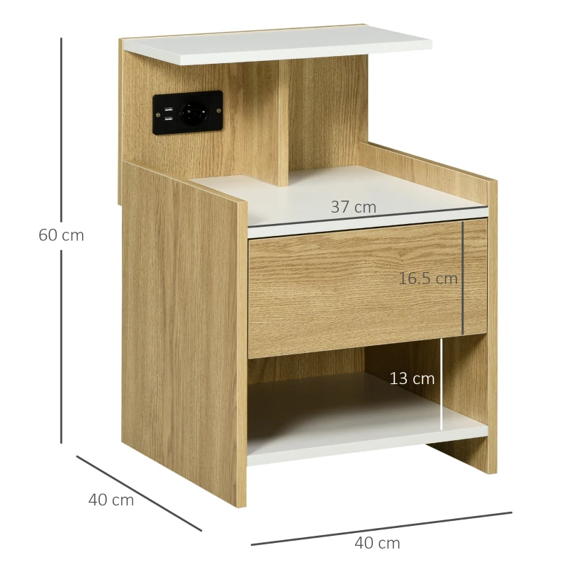 HOMCOM Comodino moderno con 2 Prese, 2 porte USB e Cassetto in truciolato, 40x40x60cm, Color Legno