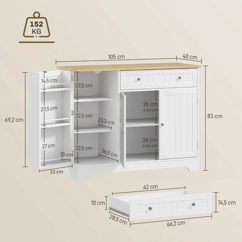 HOMCOM Credenza Moderna con Spazio di Archiviazione, Mobile Buffet con Cassetto, Ripiani Regolabili, Piccola Dispensa da Cucina con Ripiani Porta, Bianco