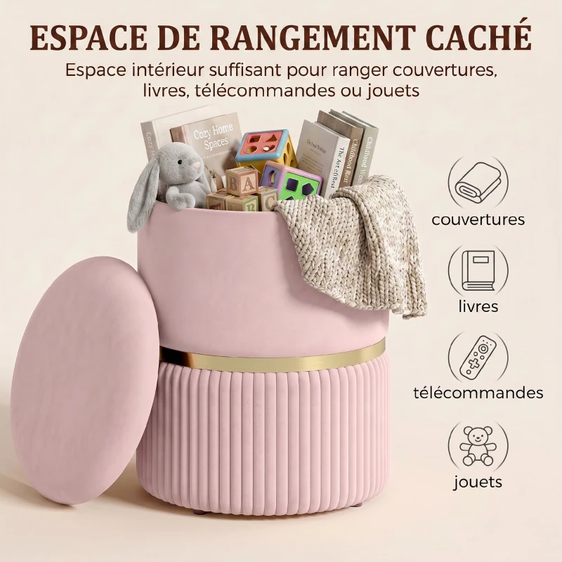 HOMCOM Pouf tabouret repose-pied coffre de rangement en velours côtelé 36 x 36 x 44 cm pour salon chambre rose
