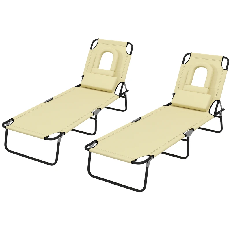 Outsunny Folding Sun Loungers Set of 2 with Face Hole, 4-Position Adjustable Backrest Garden Recliner Chair Sunbed, Outdoor Lounge Chair with 500 D Oxford Cloth Seat, Pillow for Beach, Beige