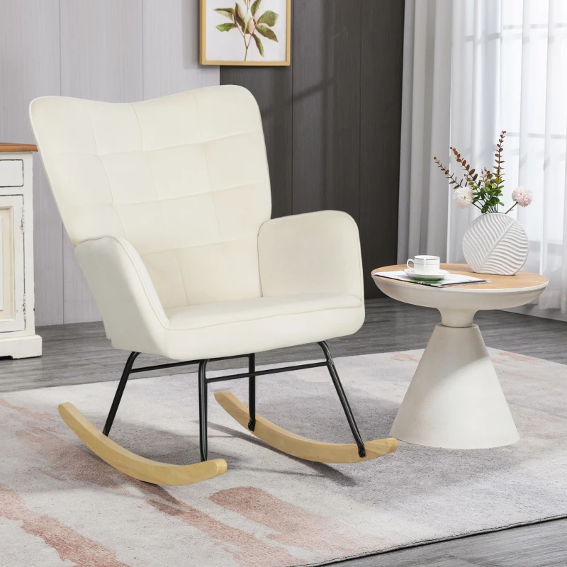 HOMCOM Schommelstoel, dikke vulling, brede rugleuning, beukenhout/staalframe, tot 120 kg, Beige