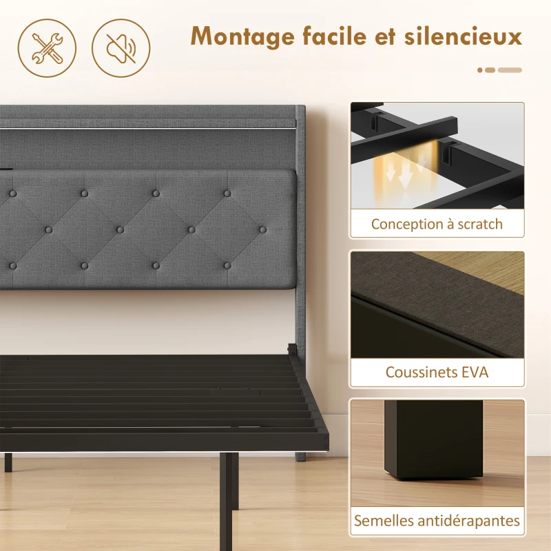 HOMCOM Cadre de lit 160 x 200 cm avec sommier acier, lit 2 personnes flottant avec lumières LED RGB et station de charge, gris