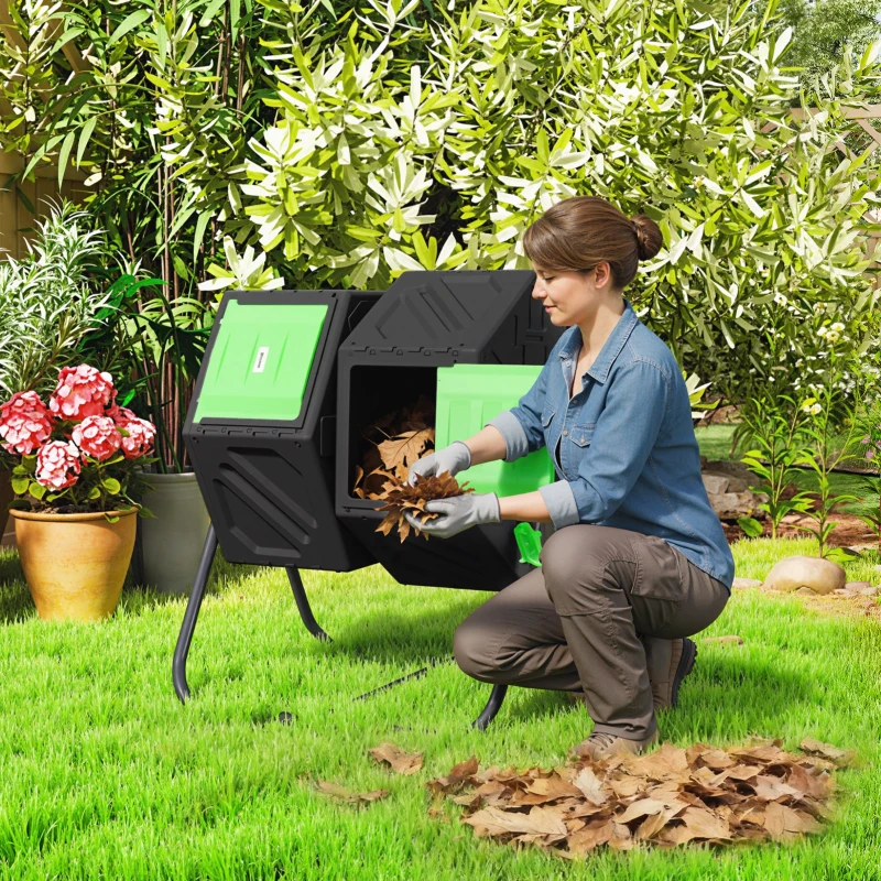 Outsunny Compostador Giratorio 130L Contenedor Compostaje Doble Cámara Aberturas de Ventilación Patas de Acero 67x60x77 cm Negro