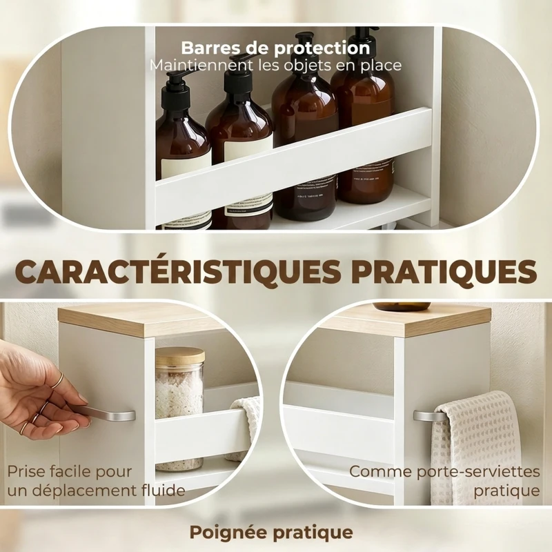 kleankin Chariot de rangement à 3 niveaux chariot de stockage étagère sur roulettes pour cuisine étroite salle de bain buanderie bureau avec poignée - 48 x 15 x 80 cm blanc