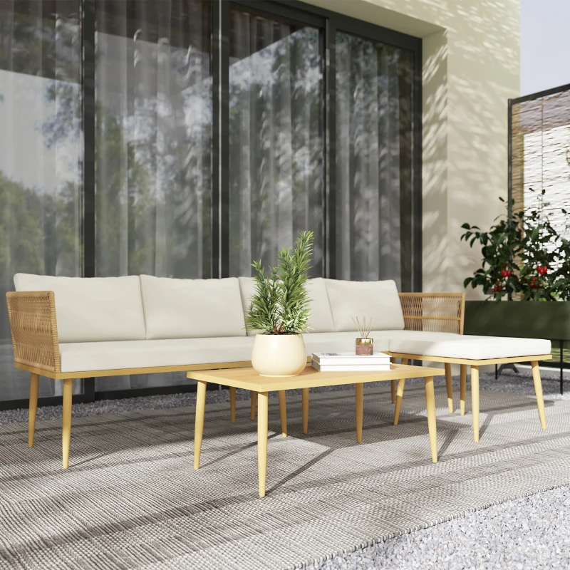 Outsunny Salon de jardin extérieur en résine tressée 5 places modulable 2 canapés, pouf et table basse, coussins inclus, crème