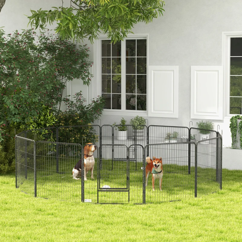 PawHut Recinto per Cani a 12 Pannelli Modulabili da 80x1.5x80 cm, Pieghevole con Porta in Acciaio, 12 Picchetti, Grigio