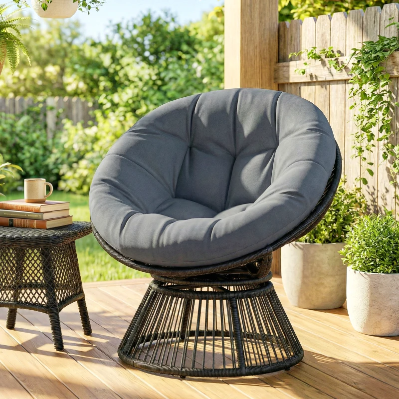 Outsunny Papasansessel 360° drehbar Korbsessel mit Kissen Stahlrahmen runder Rattansessel Loungesessel Grau