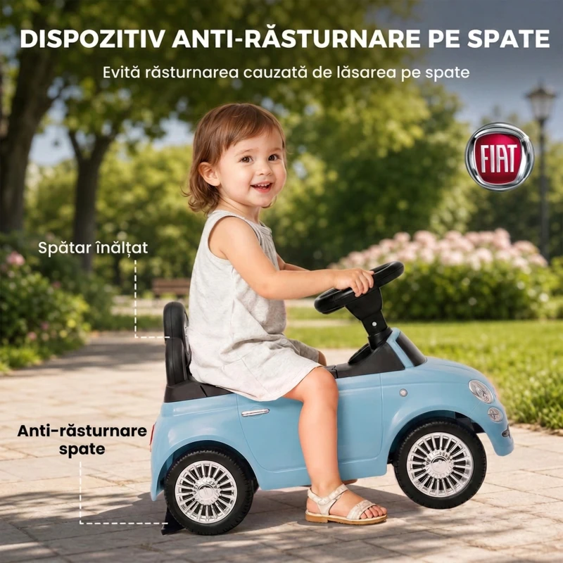 AIYAPLAY Mașinuță de Împins pentru Copii cu Licență Fiat, Muzică, Claxon, Anti-Răsturnare și PP, Albastru