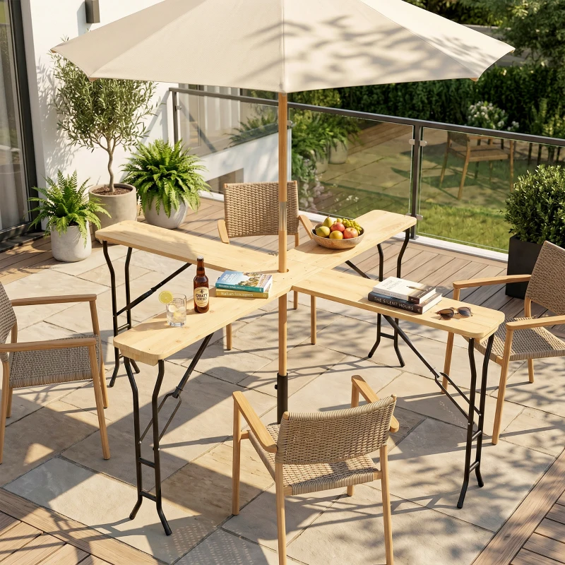 Outsunny Picknicktafel, Opvouwbare Buitentafel, voor 20 Personen, Weerbestendig, Metaal, Grenenhout, 2,4x2,4x1m, Natuur/Zwart