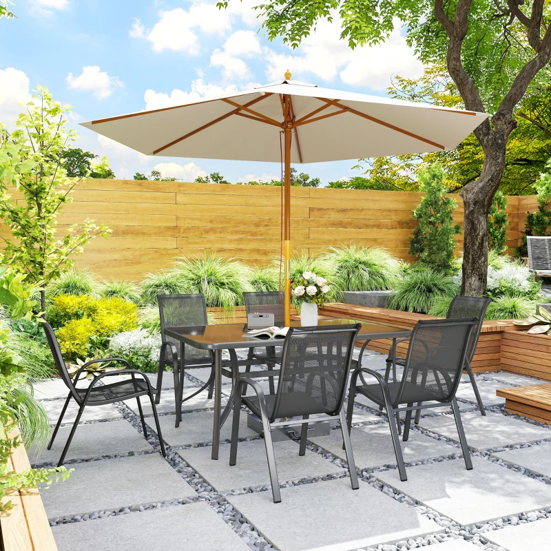 Outsunny Juego de Mesa y 6 Sillas para Terraza con Orificio para Sombrilla y Encimera de Cristal para Terraza Patio Gris