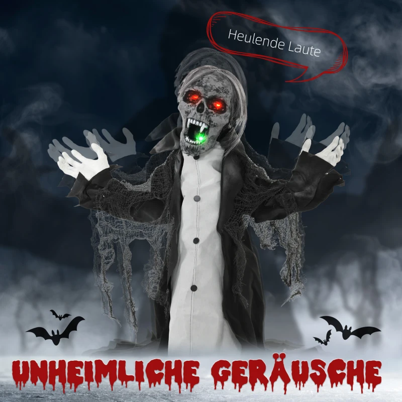 HOMCOM Halloween decoratie, Skelet/Zombie, beweegbaar, bewegingssensor, LED's & geluiden, 75 cm