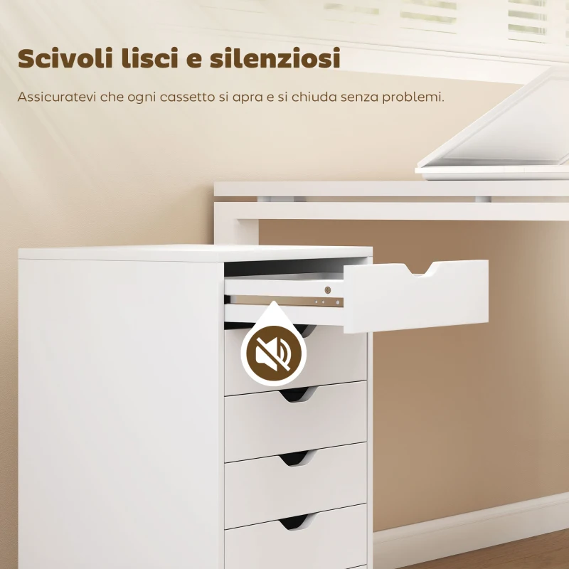 HOMCOM Cassettiera da Ufficio a 6 Cassetti con 4 Ruote e Blocco, 40x35x63 cm, Bianco