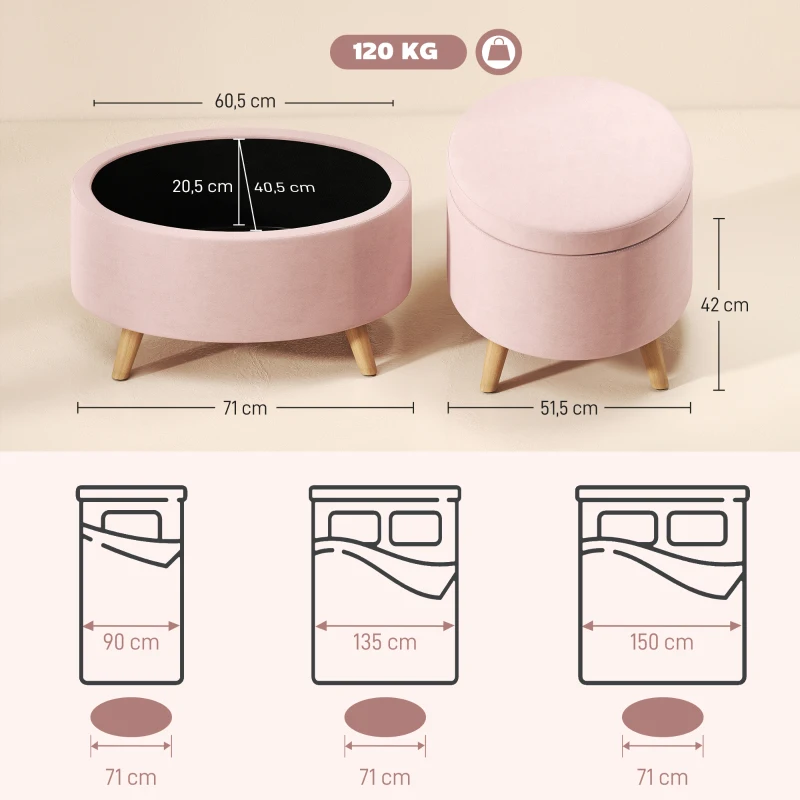 HOMCOM Puff Almacenaje Ovalado Banco Almacenaje 71x51,5x42 cm Tapizado en Terciopelo con Patas de Madera Maciza Rosa Claro