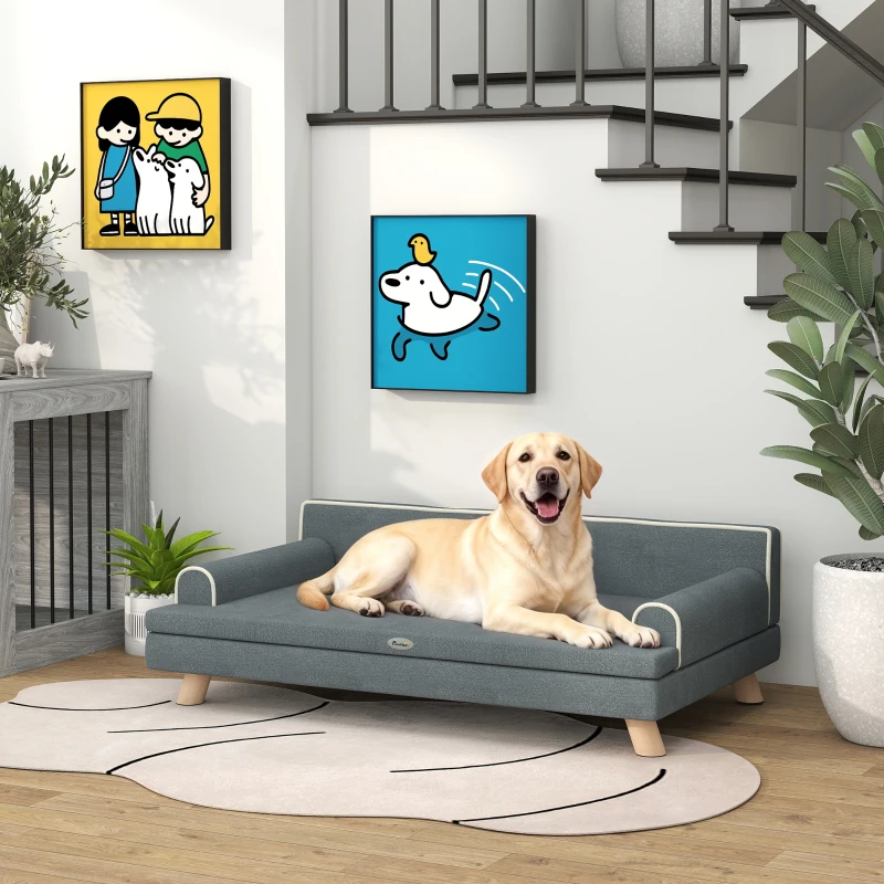 PawHut Sofá para Perros Grandes y Medianos Tapizada en Chenilla con Cojín Lavable y Patas de Madera de Pino Gris Oscuro