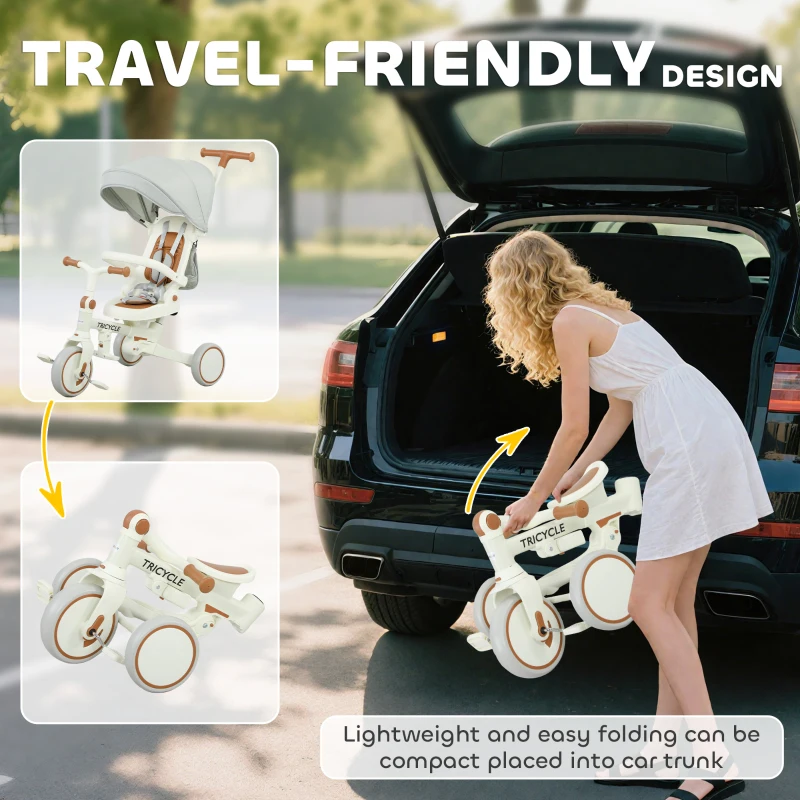 AIYAPLAY 5 in 1 Kids Trike with Adjustable Backrest, Toddler Tricycle with Push Handlebar, Adjustable Backrest, Cream White