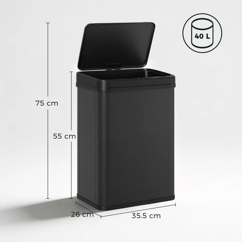 HOMCOM 40L Sensor Bin with Soft-Close Lid, Stainless Steel Automatic Touchless Motion Sensor Kitchen Bin, Black
