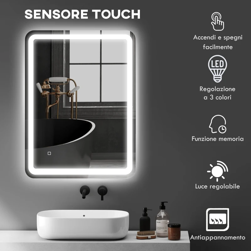 HOMCOM Specchio Bagno LED Touch con Luce Dimmerabile, a 3 Temperature e Antiappannamento, 60x80 cm