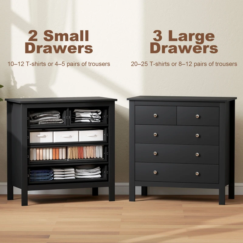 HOMCOM 5 Drawer Dresser for Bedroom, Modern Chest of Drawers, Wide Storage Unit for Living Room, Hallway, Black