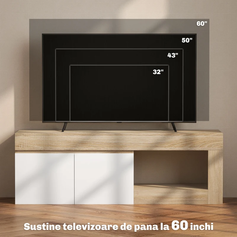 HOMCOM Dulap TV Modern pentru televizoare de până la 60" cu dulapior cu 2 uși și raft deschis, 140x40x48 cm, alb și culoare lemn