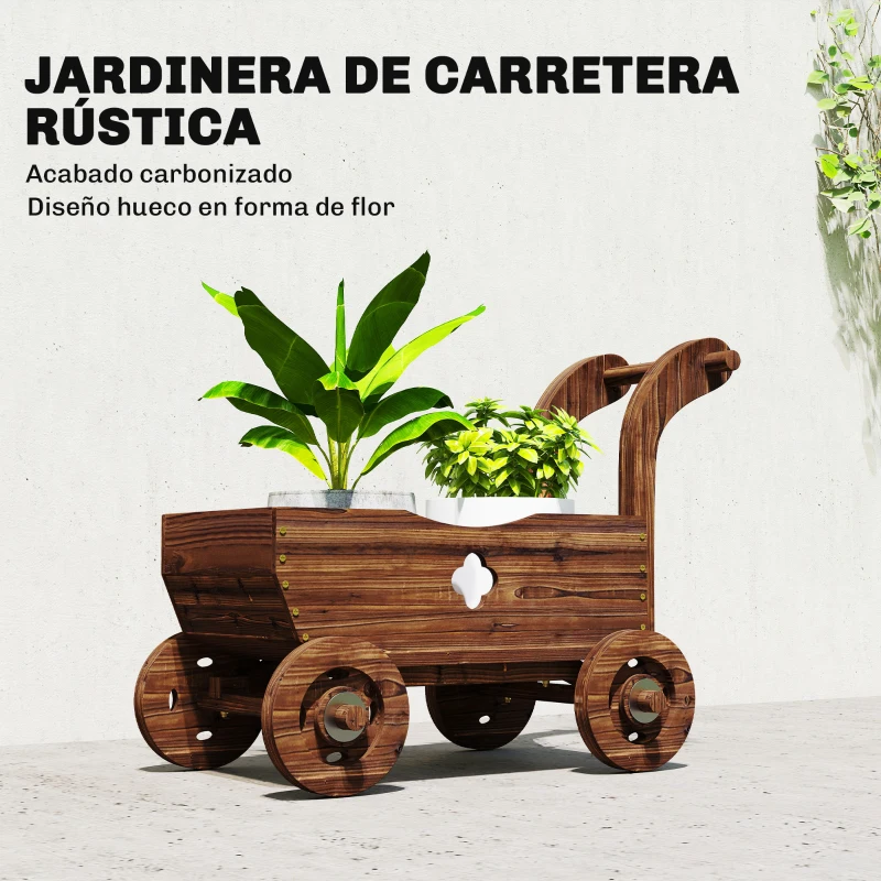 Outsunny Carretilla de Madera Decorativa Jardinera Elevada con 4 Ruedas Asa Orificios de Drenaje 68x38x52 cm Carbonizado